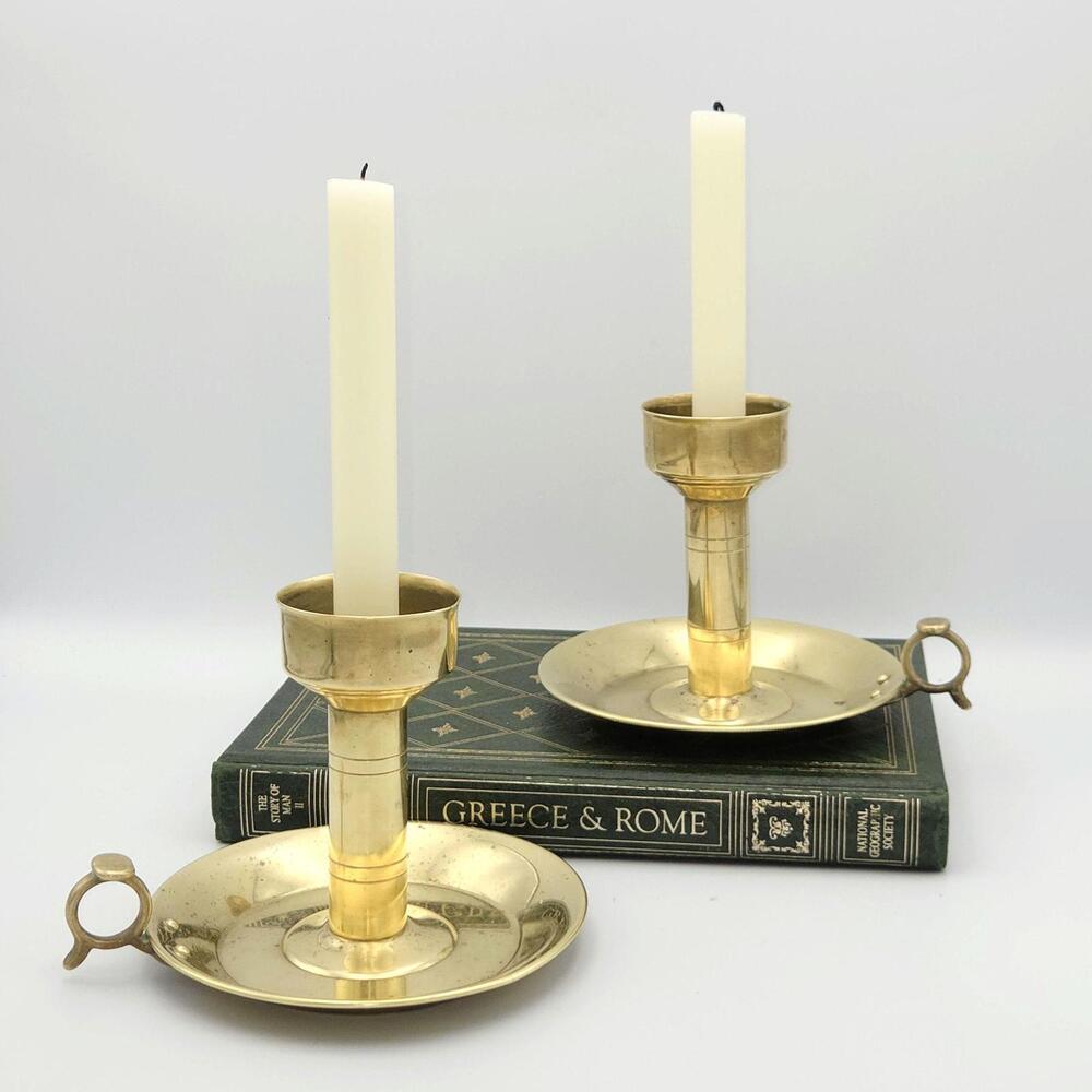 Pair of Vintage Brass Chamberstick Finger Loop Candle Holders